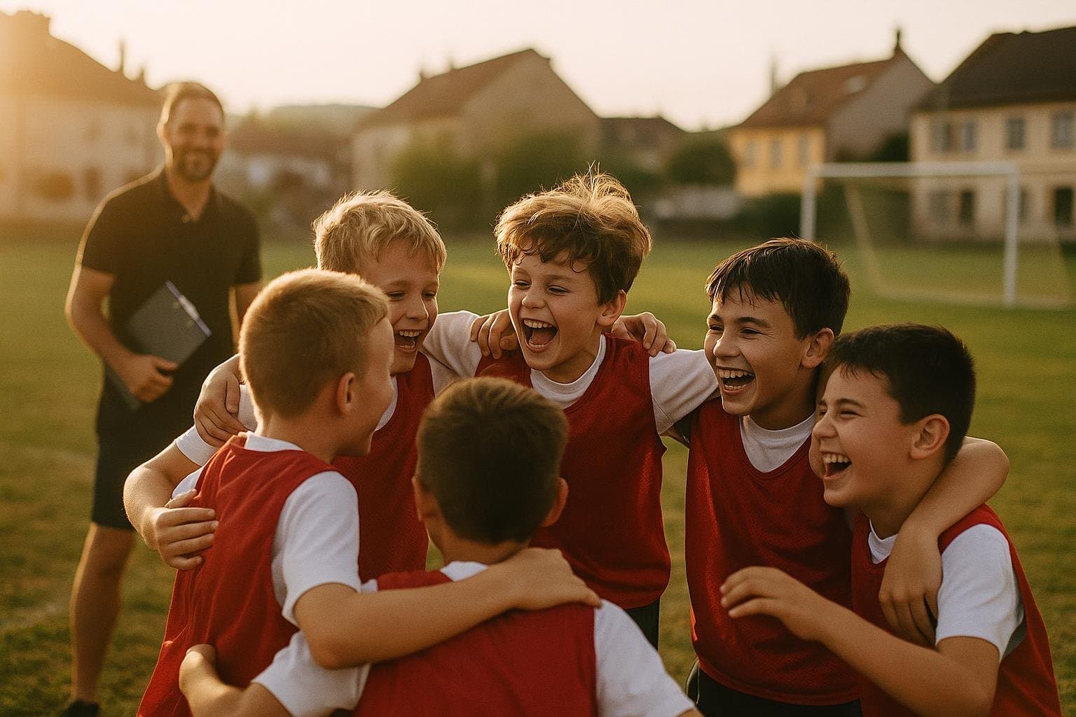 Equipo de fútbol base celebrando juntos en el campo al atardecer